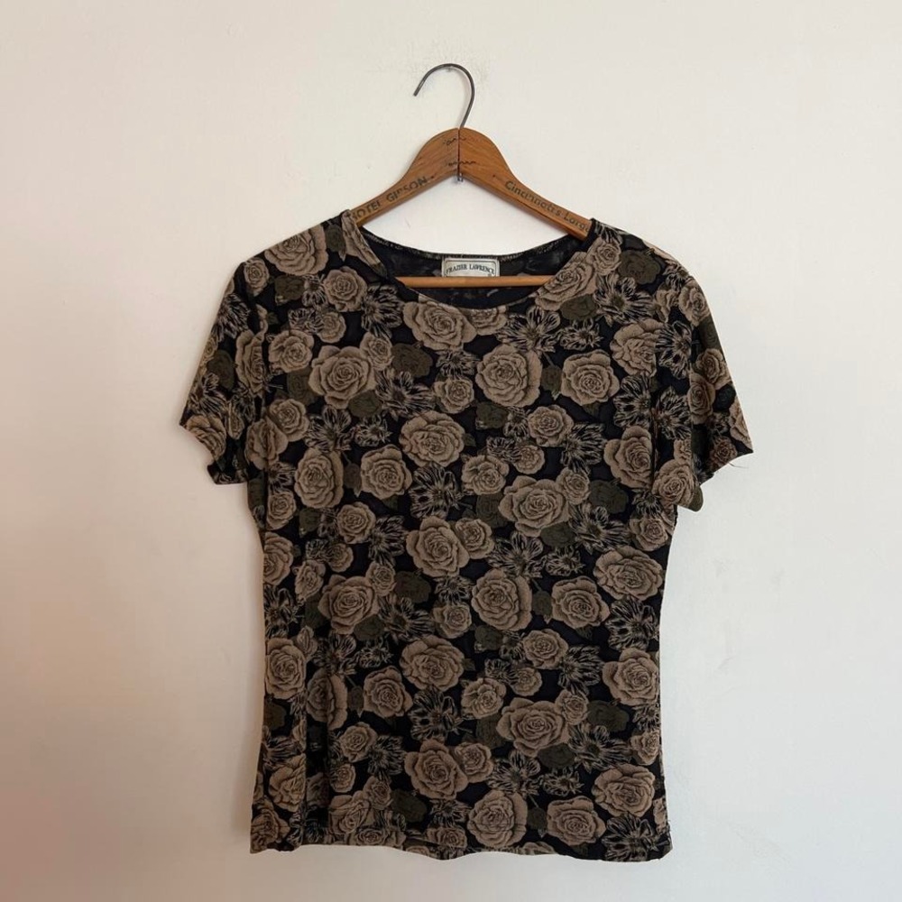 Vintage Y2K Micro-mesh Burnout Whimsygoth Black & Brown Floral Mesh Top - Picture 5 of 7